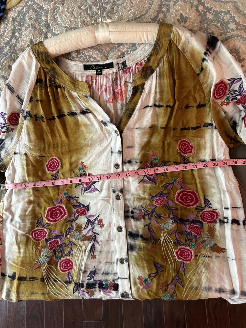 Embroidered Tie-Dye Button-Front Tunic in Olive and White - Picture 3 of 5